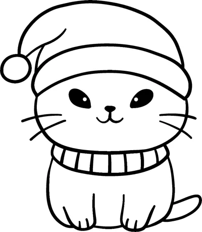 A round kitten with narrow eyes wears a holiday hat and a striped scarf.