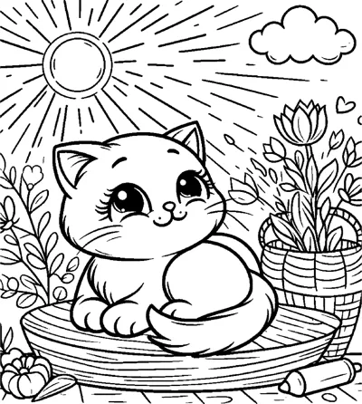 A cute kitten lies on a round cushion beside a flower basket under a shining sun.