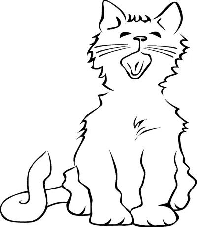 A sketched kitten sits with its mouth wide open in a yawn, tail curled beside it, inside a thin frame.