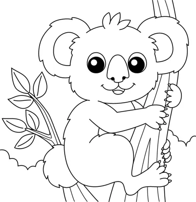 A big-eared koala with big eyes hugs a tree trunk with leafy branches nearby.