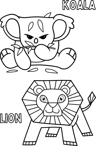 A koala chewing a leaf sits above a lion drawn with straight angular lines, both labelled.