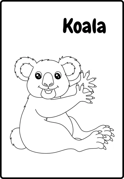 A koala sits with a leafy sprig in one paw under the word Koala.