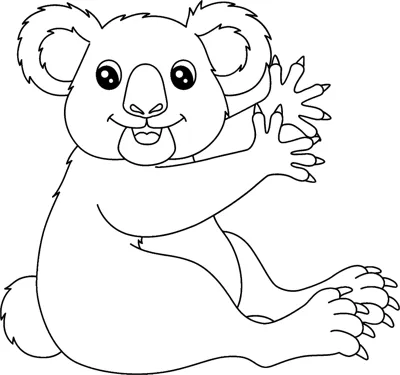 A koala sits with a leafy sprig in one paw under the word Koala.