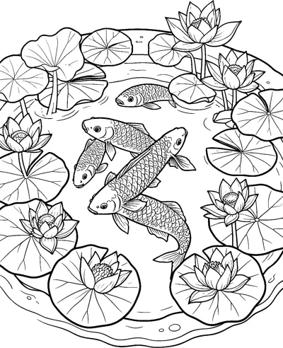 Several koi swim in a round pond ringed with lily pads and open lotus flowers.