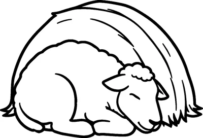 A small lamb curled up asleep with closed eyes, tucked against a big rounded haystack with straw poking out at the base.