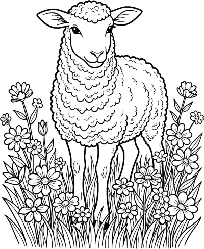 A detailed lamb with a woolly coat and large ears stands in a meadow full of daisies, wildflowers and grass.