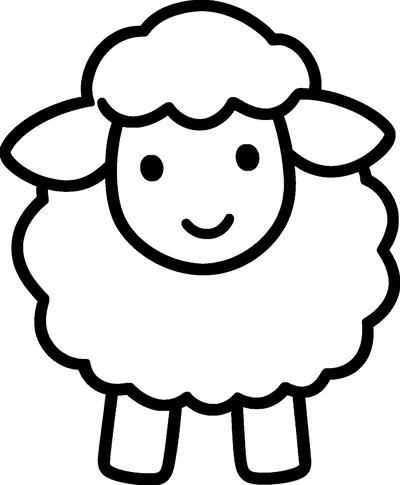 A cute lamb facing forward with a fluffy wool coat, a curly tuft on its head, round ears and a small smile.