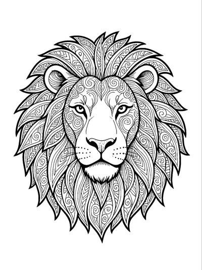 A front-facing lion head with a calm face, framed by a mane of pointed locks filled with swirls.