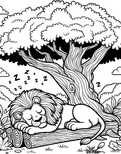 A lion sleeps on a log beneath a large leafy tree with snoring letters above it.