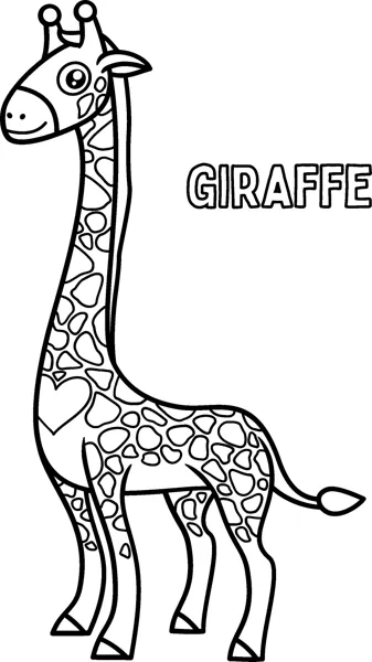 A tall giraffe with patchy spots stands with its name printed beside its neck.