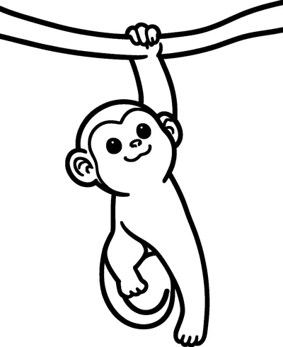 A smiling monkey hangs from a thick branch by one arm, holding its curled tail with the other hand.