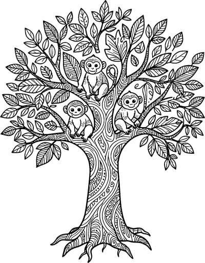 Three small monkeys sit among the branches of a large tree with patterned leaves, bark and roots.