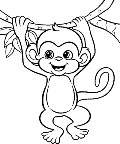 A smiling monkey hangs by one arm from a leafy branch with its tail curled.