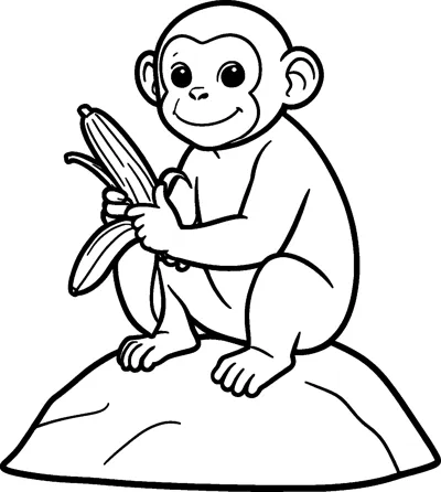 A smiling monkey sits on a large rock holding a half-peeled banana in both hands.