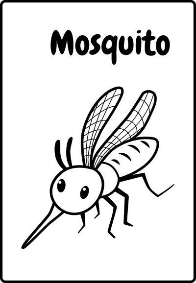 A cartoon mosquito with big eyes, a long pointed nose and veined wings stands under the word Mosquito.