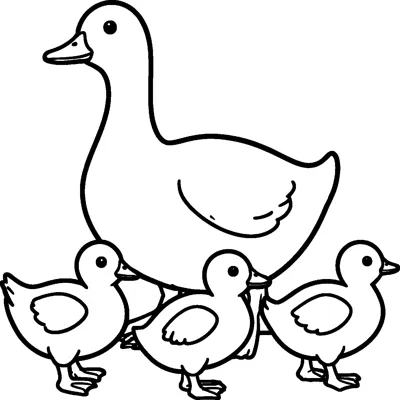 A tall mother duck stands behind three small ducklings, each with a round head, tiny wing and webbed feet.