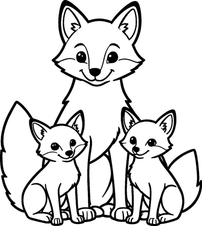 A smiling mother fox sits tall behind her two fluffy fox cubs, all three with bushy tails and pointy ears.