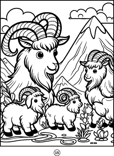 A family of curly-horned mountain goats stands together in front of tall mountain peaks.