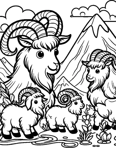 A family of curly-horned mountain goats stands together in front of tall mountain peaks.