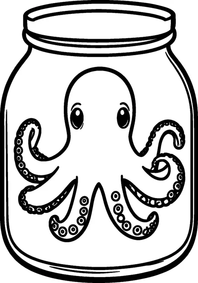 A curious octopus with sucker-dotted tentacles sits curled up inside a large glass jar with a wide rim.