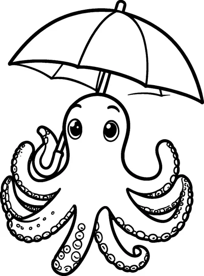 A smiling octopus holds an open umbrella above its head with one curled tentacle while its other arms spread out below.