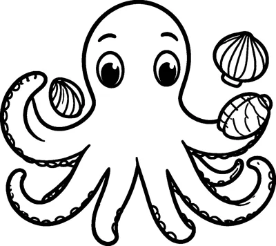 A cheerful octopus uses its curling tentacles to juggle three seashells in the water.