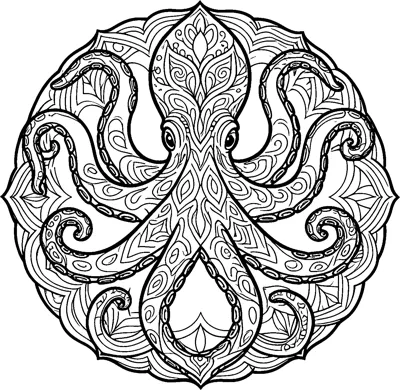 A symmetrical octopus mandala with patterned tentacles curling outwards inside a round ornamental design.