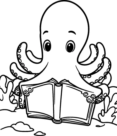 A big-eyed octopus holds an open book with its tentacles while sitting on the sandy sea floor among coral.