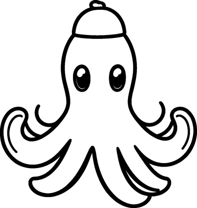 A cute octopus with big shiny eyes and curling tentacles wears a small hat with a bobble on top.