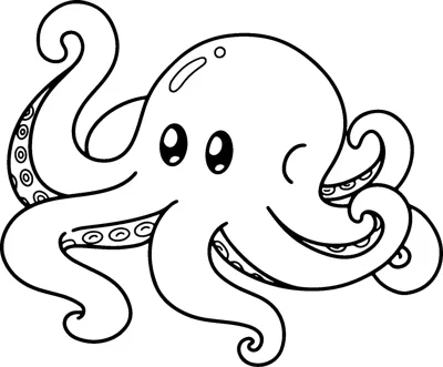 A cartoon octopus with big eyes spreads its curling tentacles, each lined with suckers.