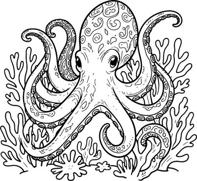 A detailed octopus with swirl-patterned skin and sucker-lined tentacles winding through branching coral on the sea bed.