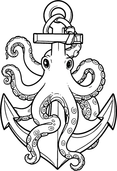A detailed octopus with sucker-lined tentacles coils around a heavy ship's anchor with a ring at the top.