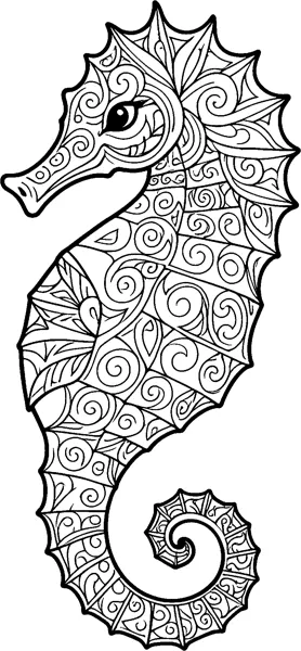 A seahorse with a spiky back edge and a tightly curled tail, its body filled with swirls and leaf shapes.