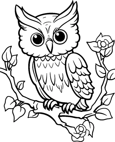 An owl with ear tufts and patterned wings sits on a branch surrounded by twigs with small flowers.