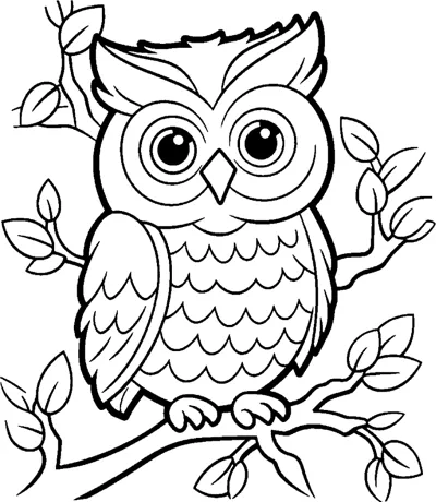 An owl with big eyes and scalloped chest feathers stands on a twisting branch with leaves around it.
