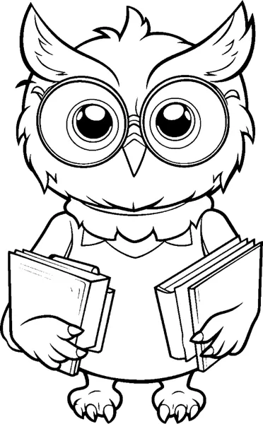An owl wearing round glasses stands holding an open book in each wing.