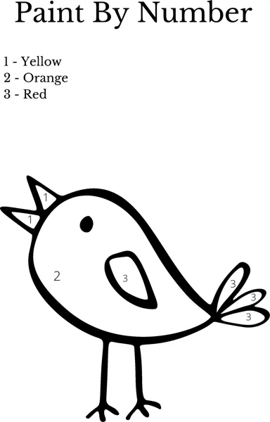 A simple bird with an open beak has numbered sections under a Paint By Number heading with a three-colour key.