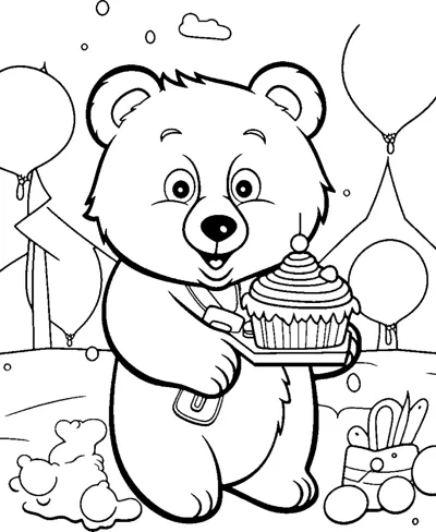 A smiling bear holds a cupcake with balloons, a gift and party decorations around it.