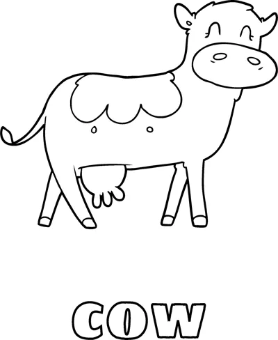 A cartoon cow with patches and small horns stands sideways above the word Cow.
