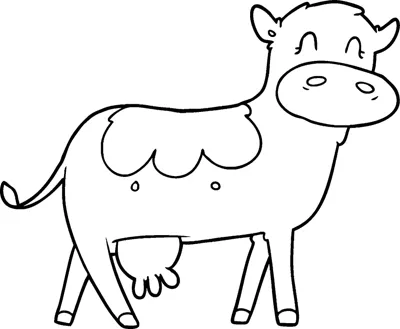 A cartoon cow with patches and small horns stands sideways above the word Cow.
