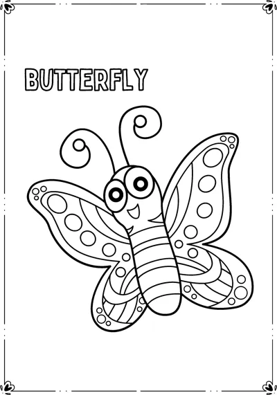 A smiling butterfly with spotted, patterned wings fills a framed page below its printed name.