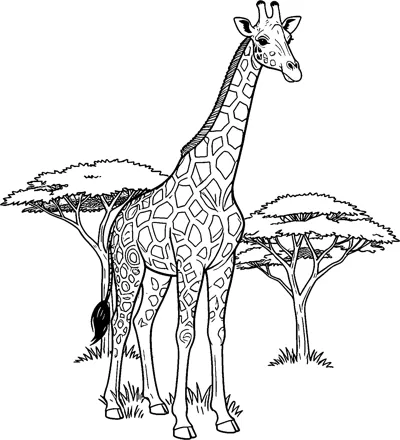 A giraffe with detailed patterned spots stands between two flat-topped acacia trees on grassy ground.