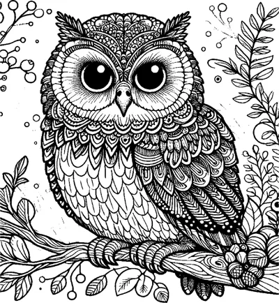 An owl with intricately patterned feathers perches on a branch surrounded by leaves and flowers.