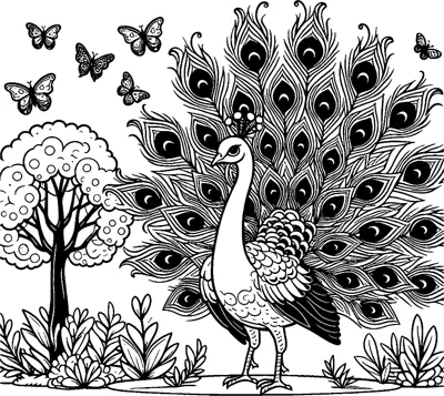 A peacock spreads a huge patterned tail in a garden while butterflies fly around it.