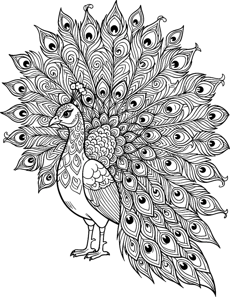 A peacock standing side-on with a small crest, its huge fanned tail filled with layered eyespot feathers.