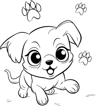A playful puppy crouches low with its tongue out, surrounded by paw prints above a name line.