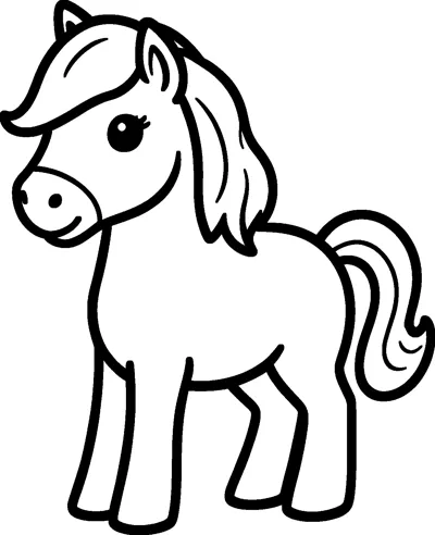 A cartoon pony with a big eye stands facing left, with a long wavy mane and a curling tail.