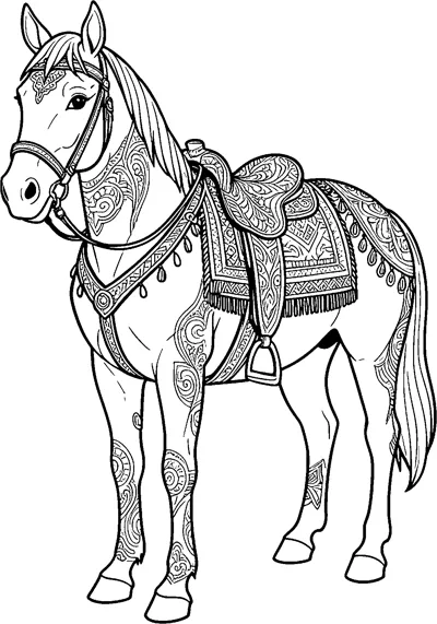 A horse stands proudly wearing a fringed patterned saddle blanket and a decorated bridle, with swirls on its coat.