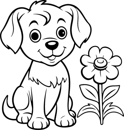 A floppy-eared puppy sits next to a single tall flower with leaves.
