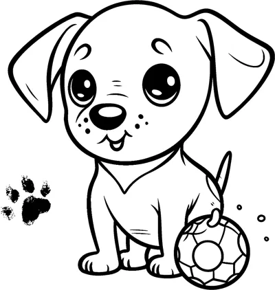 A floppy-eared puppy sits next to a soccer ball with a paw print and a name line below.